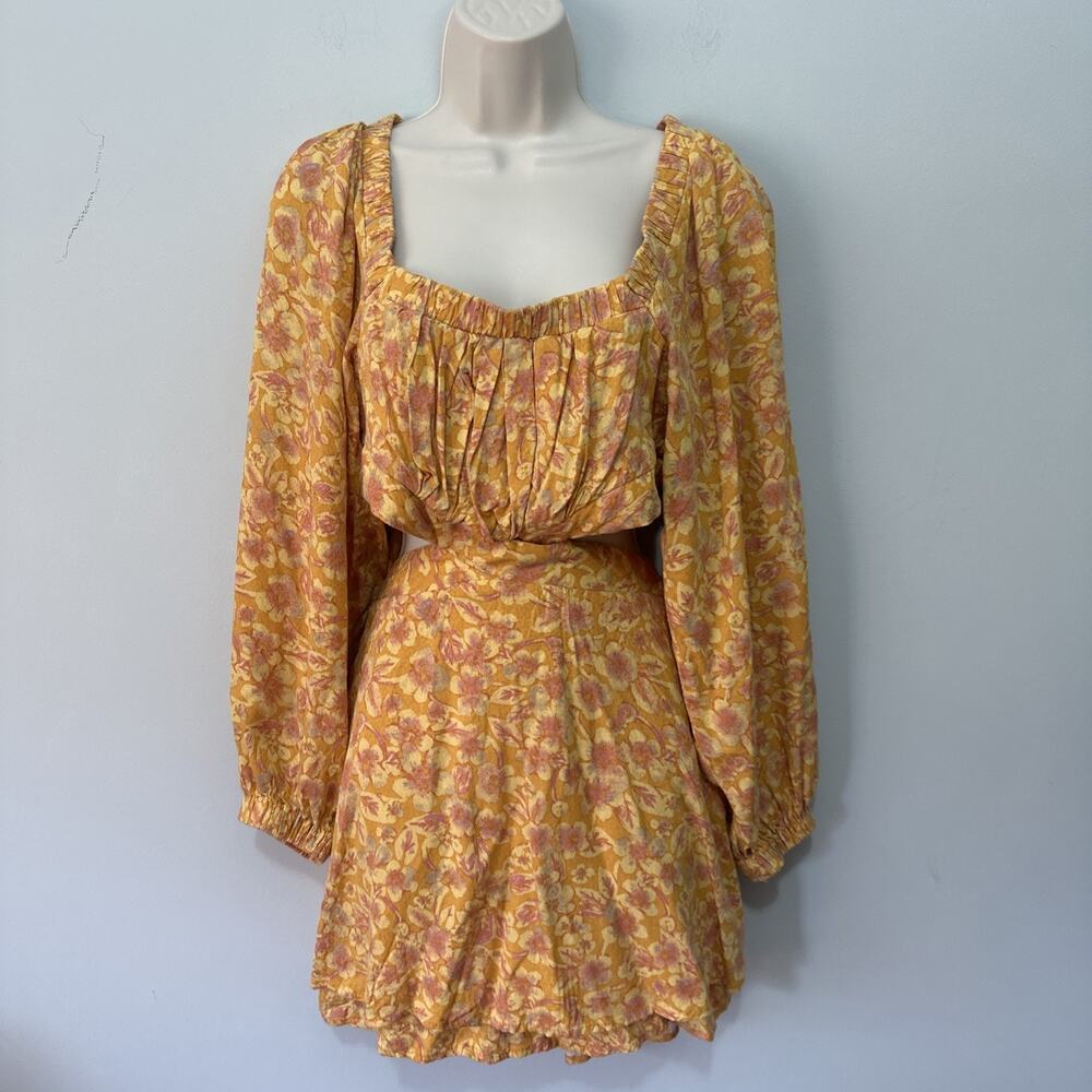 Free People Dress Small Golden Yellow Jael Mini Cutout Milkmaid Boho Festival